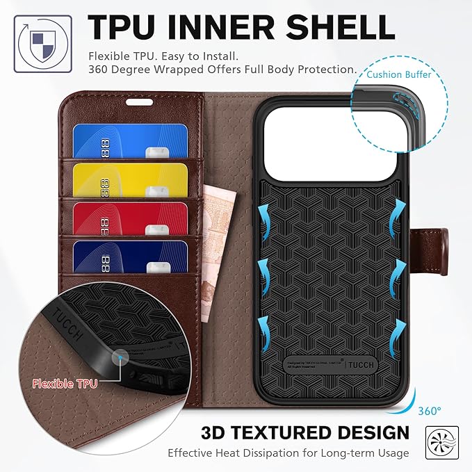 TUCCH Wallet Case for iPhone 17 Pro Max (6.9-Inch) 2025, 4 Card Holders, RFID Blocking, Stand, Shockproof TPU Shell, PU Leather, Magnetic Closure, Protective Folio Cover, Chocolate Brown