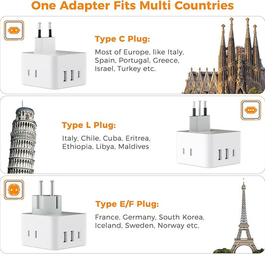TESSAN All European Italy Travel Plug Adapter Kit, International Detachable with 3 Outlet 3 USB Charger (1 USB C), Type C/E/F/L EU Power Adaptor, US to France Germany Spain Greece Iceland