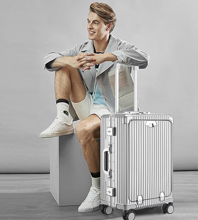 feilario 20in Aluminium Frame PC Hard Shell Spinner Wheels Luggage, Built-In TSA lock Carry on Suitcase, with Cup Holder, USB Port, Phone Holder