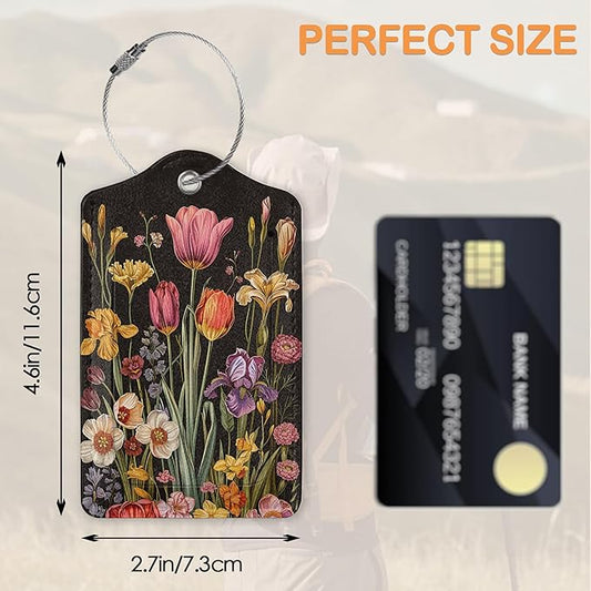 Colorful Boho Flowers 3 PCS Luggage Tags, Vintage Floral Leather Suitcase Tags with Privacy Cover Name Address Labels and Durable Steel Loop for Men/Women Travel Bag Suitcases