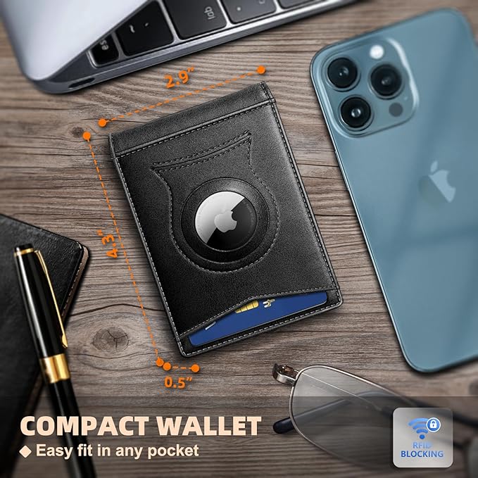 KS Mens Wallet Gift Airtag or Standard Use,Slim Front Pocket Leather Wallet Money Clip 11 cards RFID Blocking