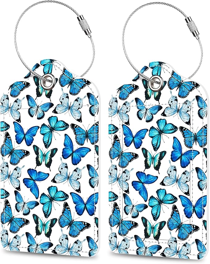Luggage Tags for Suitcase Blue Butterfly 2 PCS Leather Travel Cruise Luggage Tag with Stainless Steel Loop Name ID Label Privacy Cover for Women Men Travel Bag Labels Set