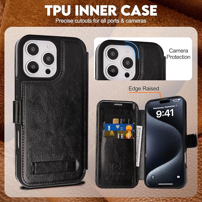 CIVICASE for iPhone 16 Pro Max Wallet Case with Stand,PU Leather Flip Credit Card Holder Slots (RFID Blocking),Compatible with Magsafe Magnetic Holder Phone Cover Women Men,Black