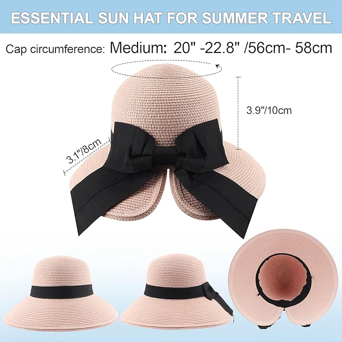DRESHOW Sun Hats for Women Travel Fedora Foldable Beach Sun Hat Summer Wide Brim Straw Bucket Hat with Bowknot UPF 50+