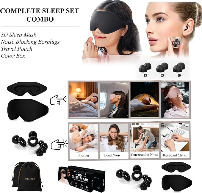 Sleep Mask, 3D Sleeping Mask, Zero Eye Pressure, 100% Light Blocking Eye Mask, Soft Comfortable for Travel & Side Sleepers, WEGREX Sleep Mask (Black)