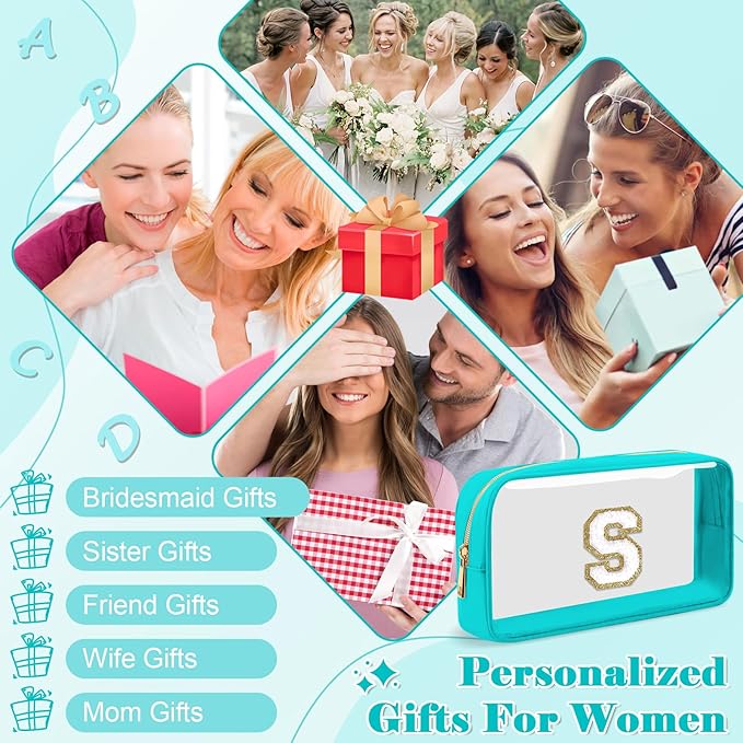 Personalized Initial Letter Clear Makeup Bag,Preppy Small Nylon&PVC Cosmetic Zipper Bag with Chenille Letter,Portable Beach Travel Skincare Toiletry Bag,Trendy Monogram Gift for Teen Girls Women,S