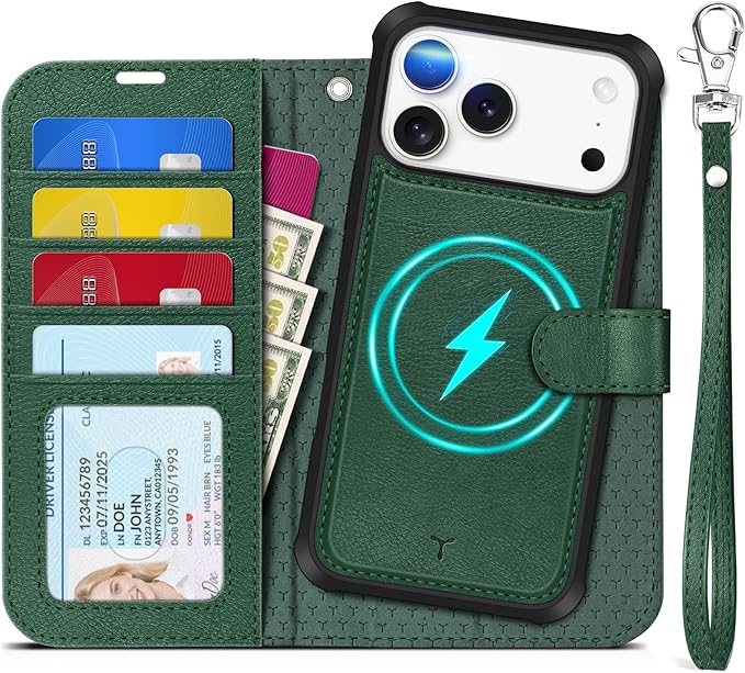 TUCCH 2-in-1 Removable Wallet Case for iPhone 17 Pro Max 6.9", Wireless Charging | RFID Blocking 4 Card Holder | Wrist Strap | Kickstand | Magnetic | PU Leather | Protective Flip Cover | Dark Green