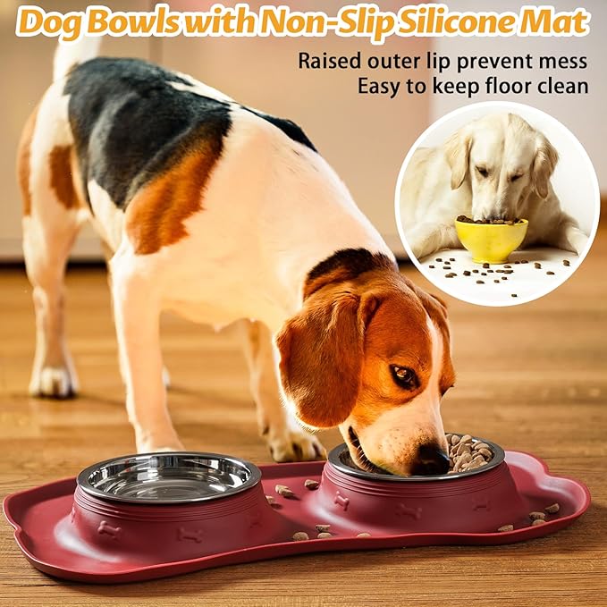 Hubulk Pet Dog Bowls 2 Stainless Steel Dog Bowl with No Spill Non-Skid Silicone Mat + Pet Food Scoop Water and Food Feeder Bowls for Feeding Small Medium Large Dogs Cats Puppies (Medium, Burgundy)