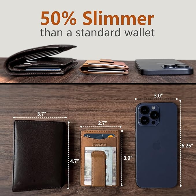 Housmai Magnetic Closure Slim Wallet for Men with Money Clip Gift Boxed,Genuine Leather Front Pocket Wallet, 3.9"x 2.7", RFID Blocking
