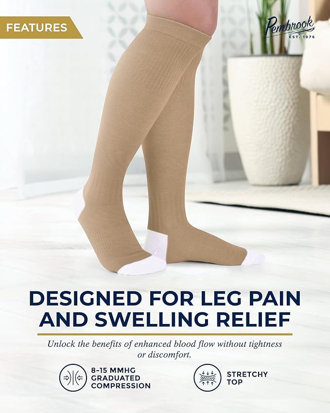 Pembrook Bamboo Viscose Light Compression Socks - 3 Pairs | 8-15 mmhg Compression Socks | Knee High Comfort Support Socks