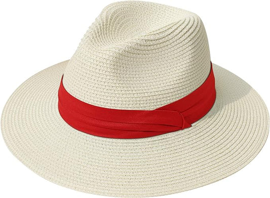 Lanzom Women Wide Brim Straw Panama Roll up Hat Fedora Beach Sun Hat UPF50+
