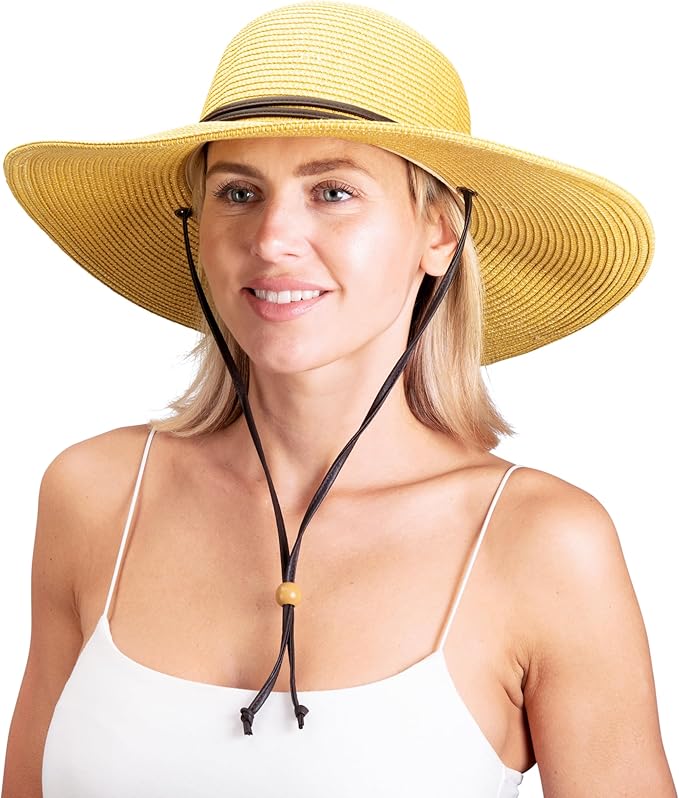 Sloggers Women's Wide Brim Braided Sun Hat with Wind Lanyard - UPF 50+ Maximum Sun Protection
