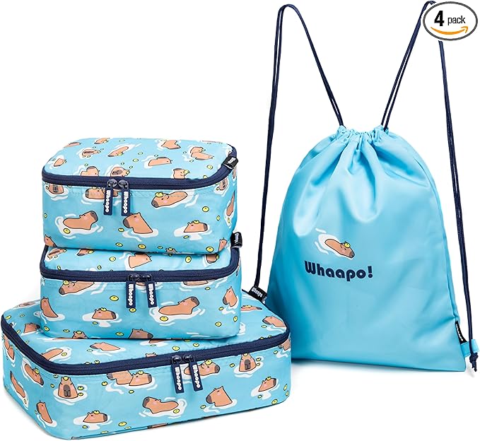4 Pieces Capybara Cute Packing Cubes - Travel Organizer - Suitcase Organizers for Carry On Luggage - Kids And Diaper Bag - Fun Accessories - Drawstring Laundry Bag