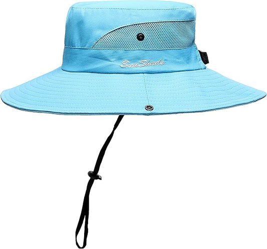 Womens Summer Sun Hat Beach Hat Wide Brim Outdoor UV Protection Hat Foldable Cool Mesh Ponytail Bucket Hat
