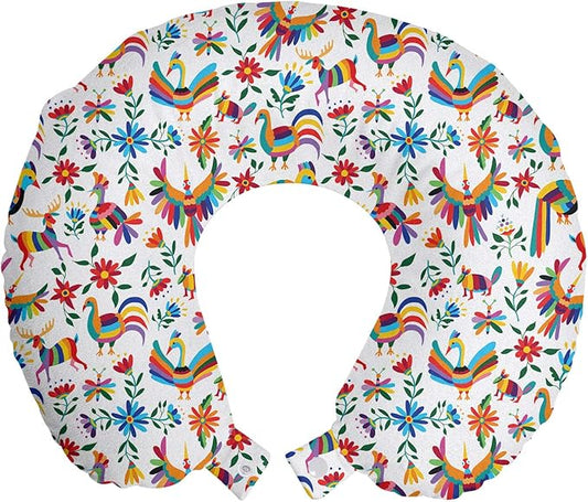 Ambesonne Mexican Travel Pillow Neck Rest, Traditional Latin American Art Design Natural Inspirations Flowers and Birds, Memory Foam Traveling Accessory for Airplane and Car, 12", Tan Brown