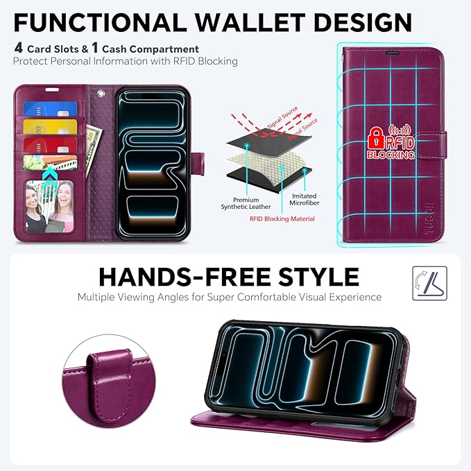 TUCCH Detachable Case Wallet for iPhone 17 Pro (6.3") 2025, Wrist Strap | 4 Card Slots RFID Blocking | Wireless Charging | Stand | 2-in-1 Magnetic | PU Leather | Shockproof Folio Cover | Plum Purple