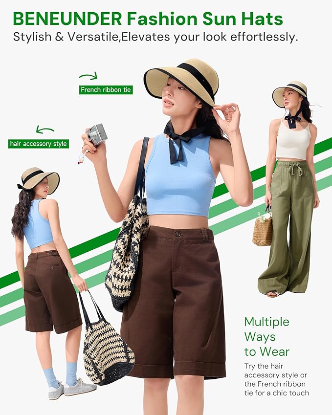 BENEUNDER Sun Visors for Women UPF50+ Foldable Wide Brim Straw Hats Packable Summer Ponytail Beach Hats for Travel