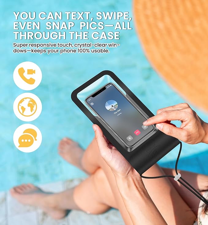 HiRui Universal Waterproof Phone Pouch with Touch Screen, IP68 Waterproof Phone Case Dry Bag for Beach, Compatible with iPhone 16/Pro/Plus/Max/15/14, Galaxy S24+/25+, Fits up to 6.9" (Black, X-Large)