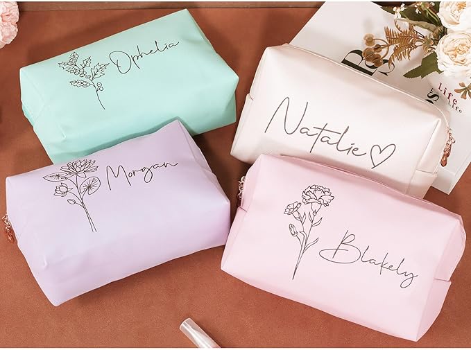 DayOfShe Personalized Bridesmaid Gifts Makeup Bag with Name and Birth Flower, Custom Travel Makeup bag for Toiletries Bridal Shower Gifts