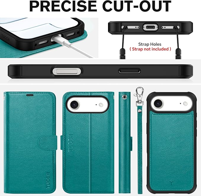 TUCCH Detachable Case Wallet for iPhone Air (6.5") 2025, Wrist Strap | 4 Card Slots RFID Blocking | Wireless Charging | Stand | 2-in-1 Magnetic | PU Leather | Shockproof Folio Cover | Cyan