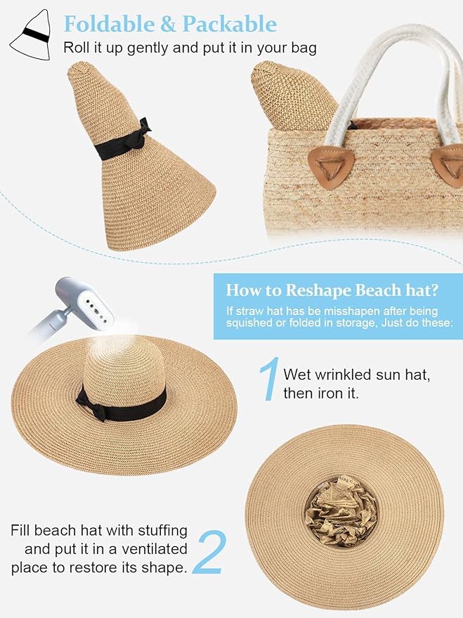 Senker Fashion Sun Hats for Women Oversize Wide Brim Straw Beach Hat Floppy Foldable Roll-Up Summer Vacation UPF 50+