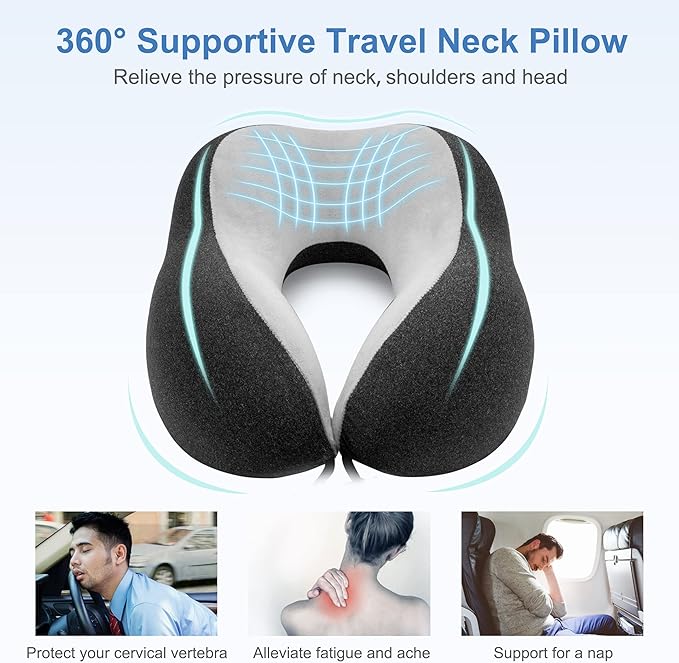 Travel Pillow - Memory Foam Cervical Neck Pillow for Adults, Kids, Children, Convenient & Portable U Shaped Pillows, Airplane Pillow for Home, Office, Camping, Travelling, Sleeping (Black)
