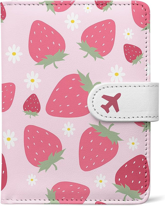 Passport Holder, Travel Wallet Cover with Pen Loop | Cute RFID Blocking Leather Case with Magnetic Closure for Travel Essentials-Strawberry