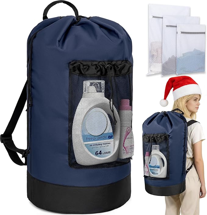 Laundry Bag Backpack with 3 Sizes Mesh Wash Bags and Shoulder Straps Foldable Clothes Hamper Bag with Drawstring Closure for College, Apartment, Laundromat (Dark Blue)