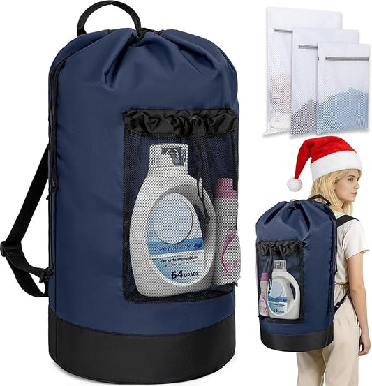 Laundry Bag Backpack with 3 Sizes Mesh Wash Bags and Shoulder Straps Foldable Clothes Hamper Bag with Drawstring Closure for College, Apartment, Laundromat (Dark Blue)