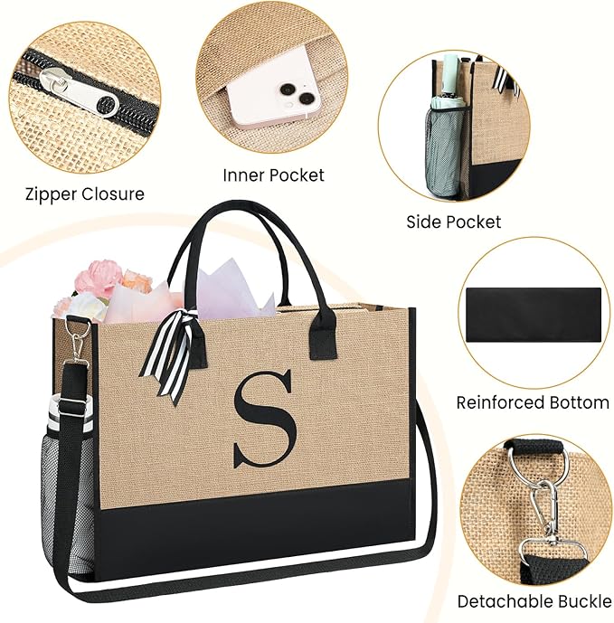 BAGAIL Initial Tote Bag, Personalized Birthday Gifts for Women, Teacher, Friends, Mom, Wedding, Monogrammed Beach Bag