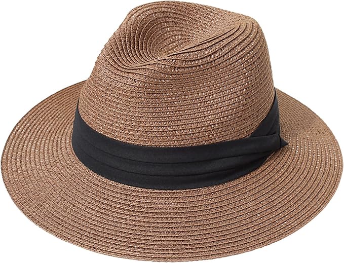 DRESHOW Women Straw Panama Hat Travel Fedora Beach Sun Hat Summer Wide Brim Straw Roll up Hat UPF 50+
