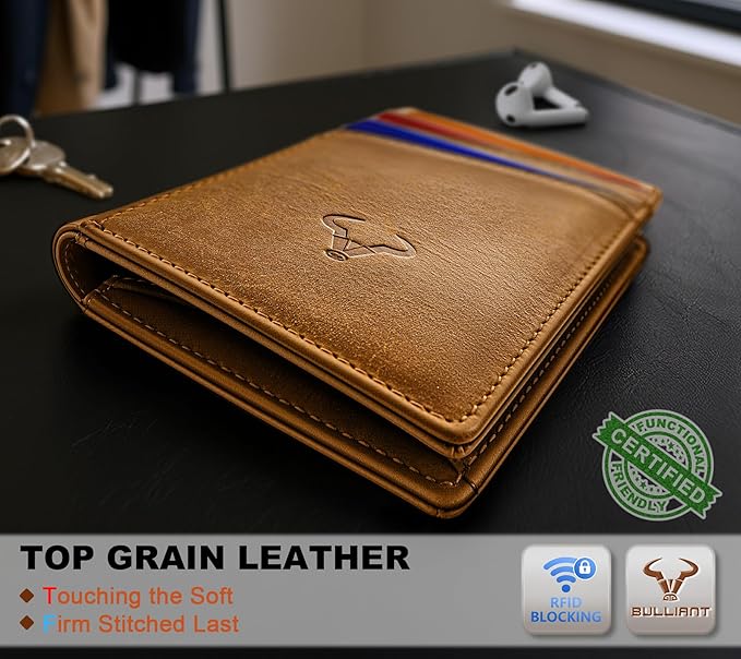 BULLIANT Men Wallet,Top Grain Leather Slim Wallet Magnetic Closure Simplifed Bill Folder RFID Blocking 11Cards
