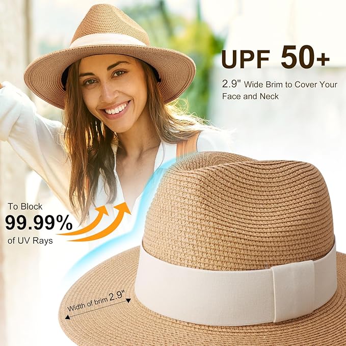 DRESHOW Women Straw Panama Hat Travel Fedora Beach Sun Hat Summer Wide Brim Straw Roll up Hat UPF 50+