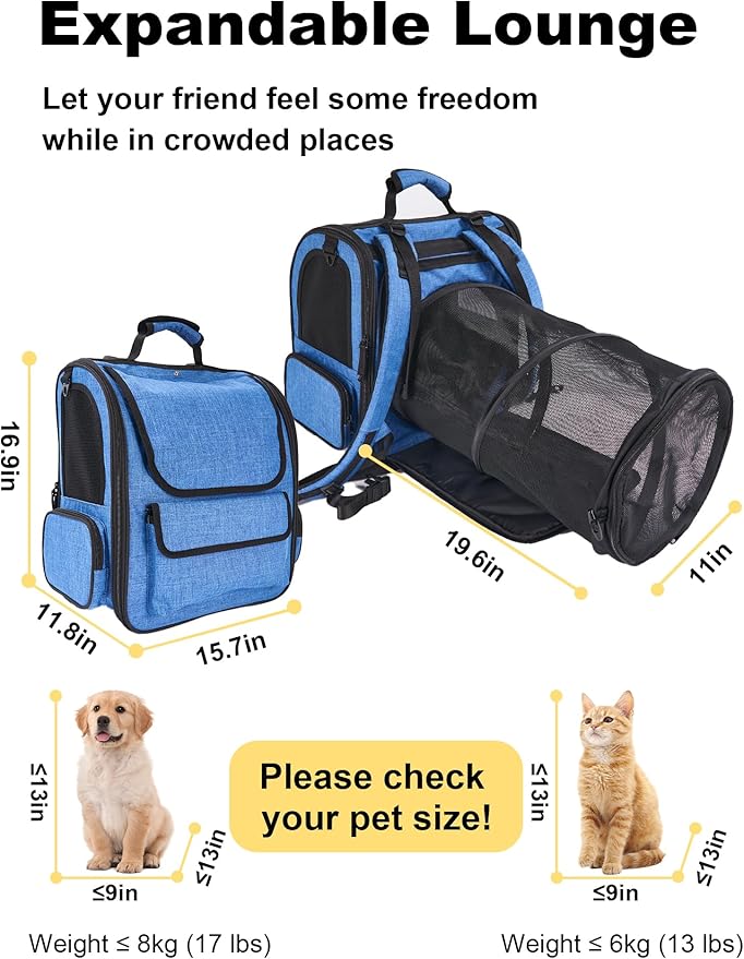 Large Cat Carrier with Tunnel Extension, Portable Small Dog Backpack with Ventilated Mesh Windows, Anti-Scratch Fabric, Luggage Strap and Chest Buckle for Travel, Hiking, Camping,Gray Blue