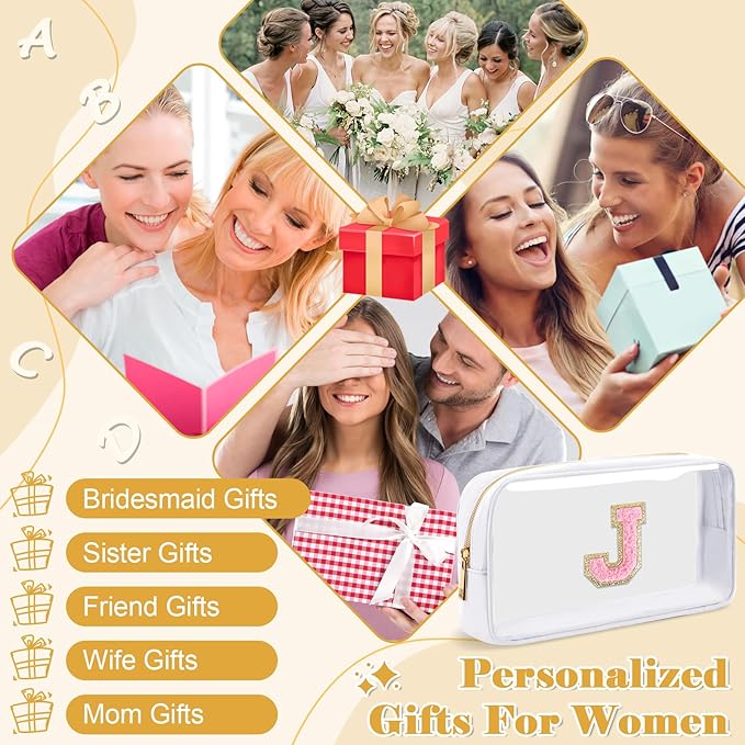 Personalized Initial Letter Clear Makeup Bag,Preppy Small Nylon&PVC Cosmetic Zipper Bag with Chenille Letter,Travel Skincare Toiletry Bag,Monogram Christmas Gift for Teen Girls Women,J