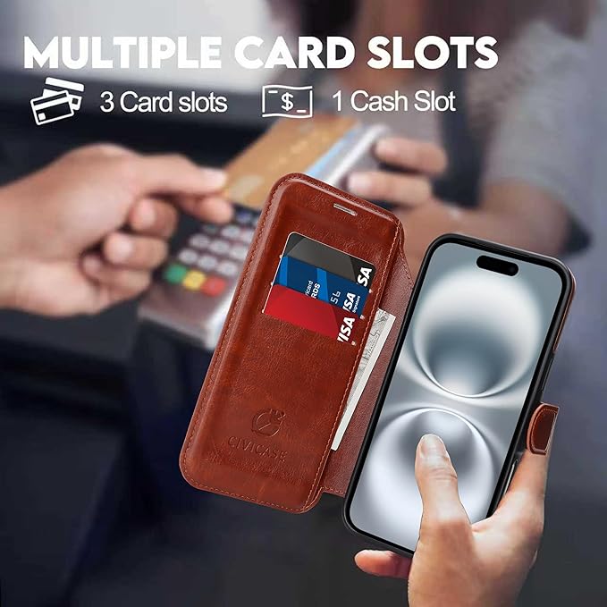 CIVICASE for iPhone 17 Wallet Case with Stand,PU Leather Flip Credit Card Holder Slots (RFID Blocking),Compatible with Magsafe Magnetic Holder Phone Cover Women Men,Dark Brown