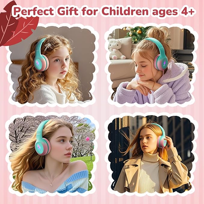 Kids USB C Headphones for School, 2025 Upgrade Safe Listening Wired Over-Ear Headphones with LED Lights, Volume Limiter & Microphone, Foldable Design for iPhone 16, iPad, Tablet (Green Pink)