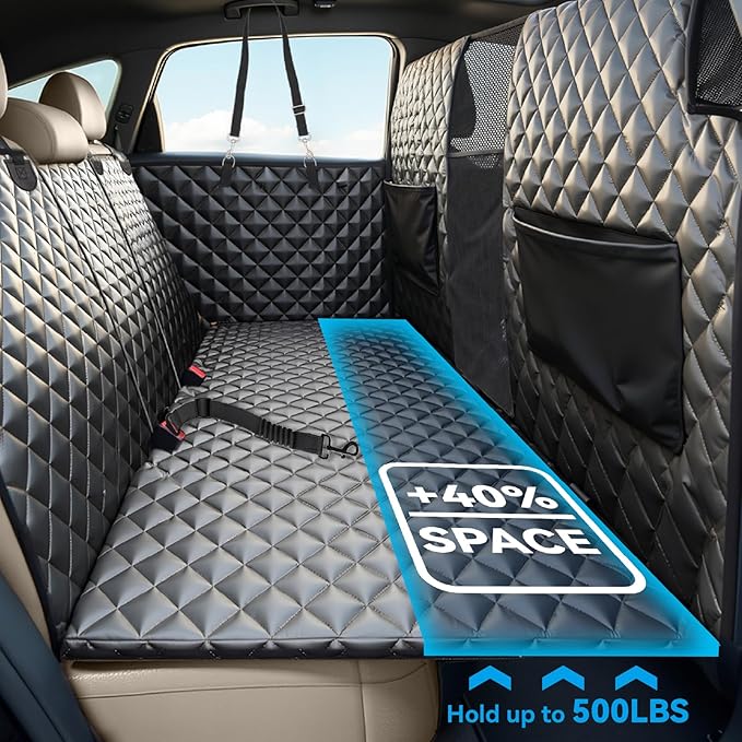 High Barrier Dog Car Seat Cover,Waterproof Back Seat Extender for Dogs,Car Seat Protector,Hard Bottom Holds 500 lbs,600D Nonslip Dog Hammock,Pet Bed for Cars,SUVs, Small Trucks