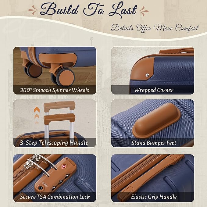 TAKUMI Carry On Luggage Set 3 Piece ABS+PC Hardshell Suitcases with Duffel Bag Double Spinner Wheels Travel Luggage with TSA Lock Lightweight Suitcase Set(NAVY, 3 PIECE SET(20/DB/TB))