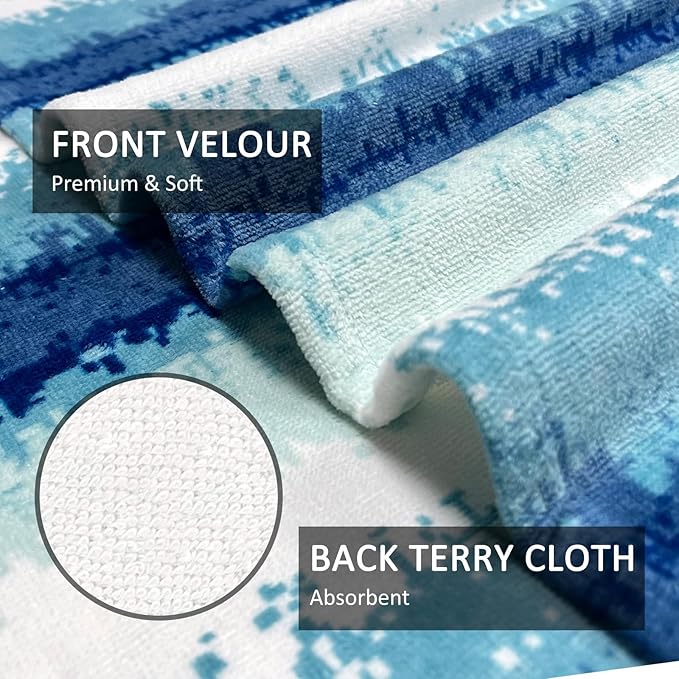 cabanana Large Beach Towel Oversized - Cotton Velour 35 x 70 Inch Coast Waves Camo Striped Terry Pool Towel, Cabana Soft Swimming Towel for Adults Women Men (Teal Blue)
