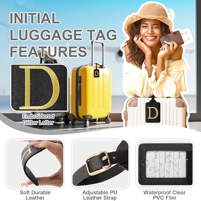 Personalized Initial Luggage Tags for Suitcase TSA Approved, Black Leather Cute Luggage Tag with Privacy Cover Name Card, Embroidered Custom Luggage Tags Travel Backpack Tags Gifts for Women Kids(D)