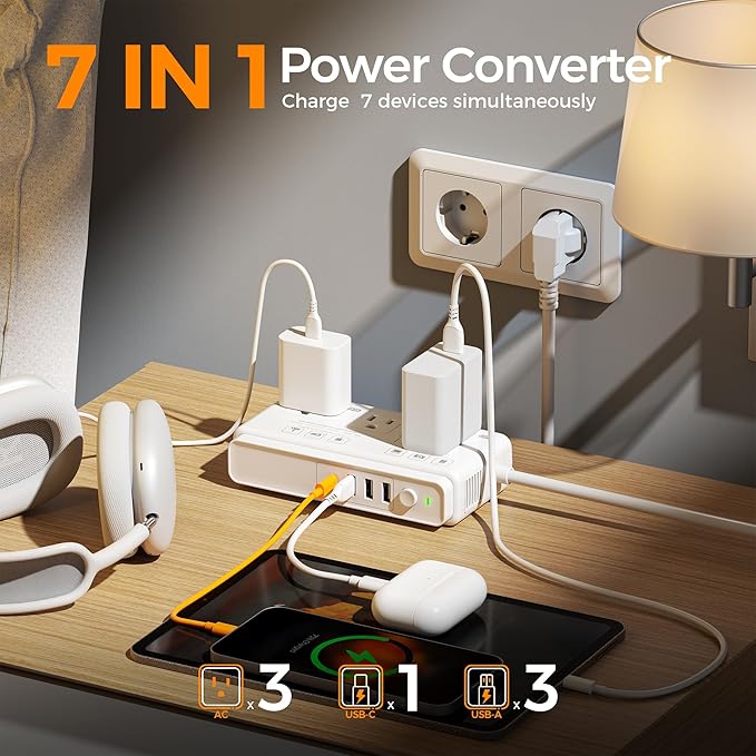 TESSAN 220V to 110V Voltage Converter for Travel with 4 USB Ports (1 USB C), 3 AC Outlet and EU UK AU IT in ZA International Power Adapter, Step Down Transformer Outlet Converters White