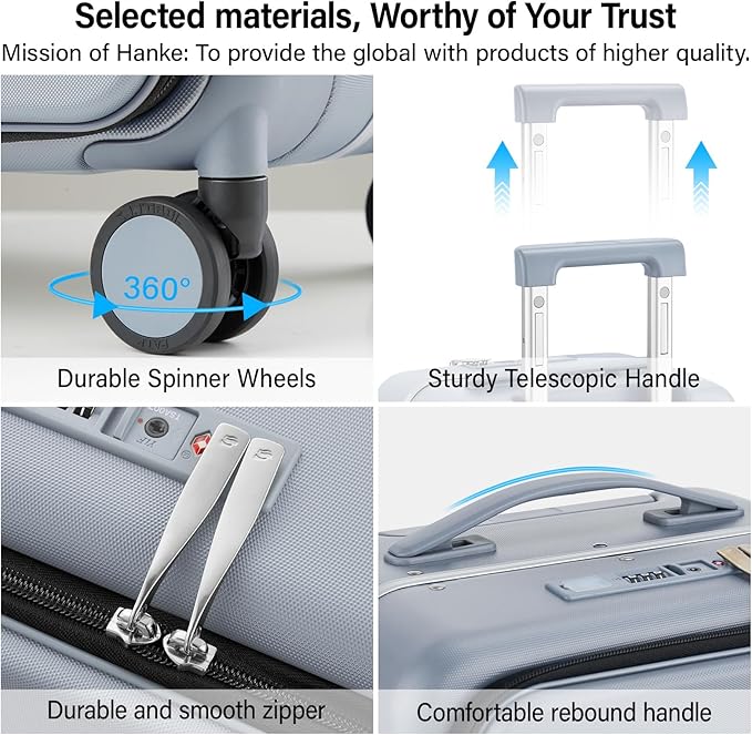 Hanke 20 Inch Carry On Luggage with Cup Holder and Charge,Top Opening Hard Shell Suitcases with Wheels and Dividers,Aluminum Frame Trunk Luggage Small Suitcase with Lock for Travel,Gray