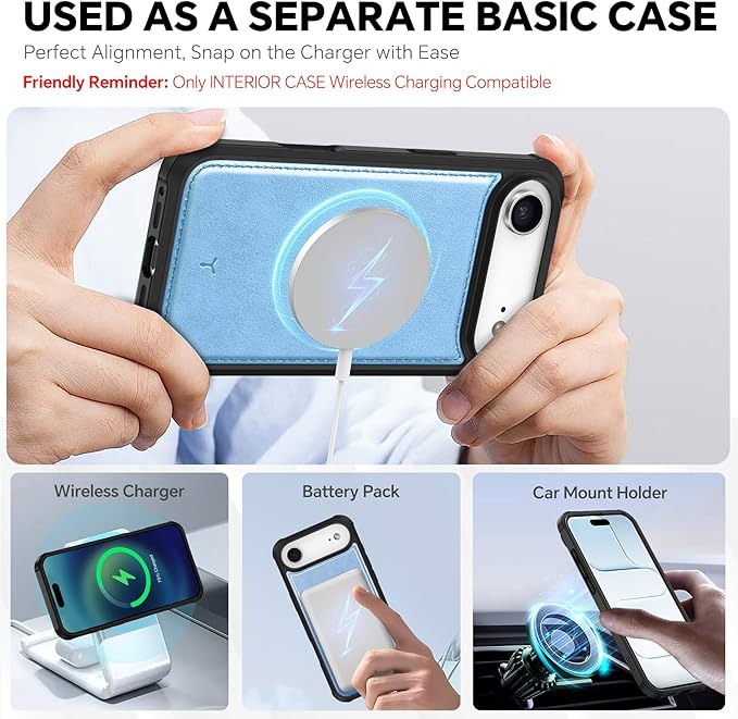 TUCCH Removable Case Wallet for iPhone Air (6.5") 2025, Detachable Wrist Strap, Wireless Charging, Stand, 4 Card Slots RFID Blocking, 2-in-1 Magnetic, PU Leather Shockproof Cover, Pearly Light Blue