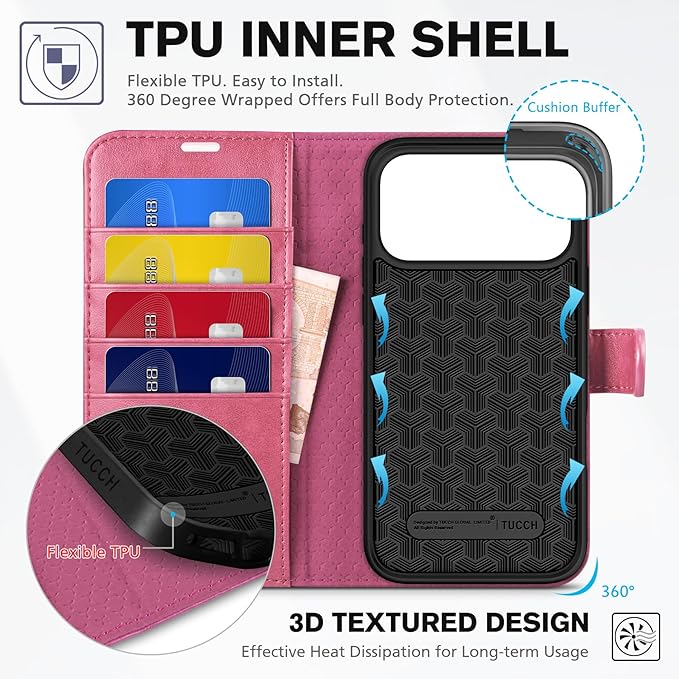 TUCCH Wallet Case for iPhone 17 Pro Max (6.9") 2025, 4 Card Slots | RFID Blocking | Stand | Shockproof TPU Shell | PU Leather | Magnetic Closure | Protective Flip Folio Cover | Hot Pink