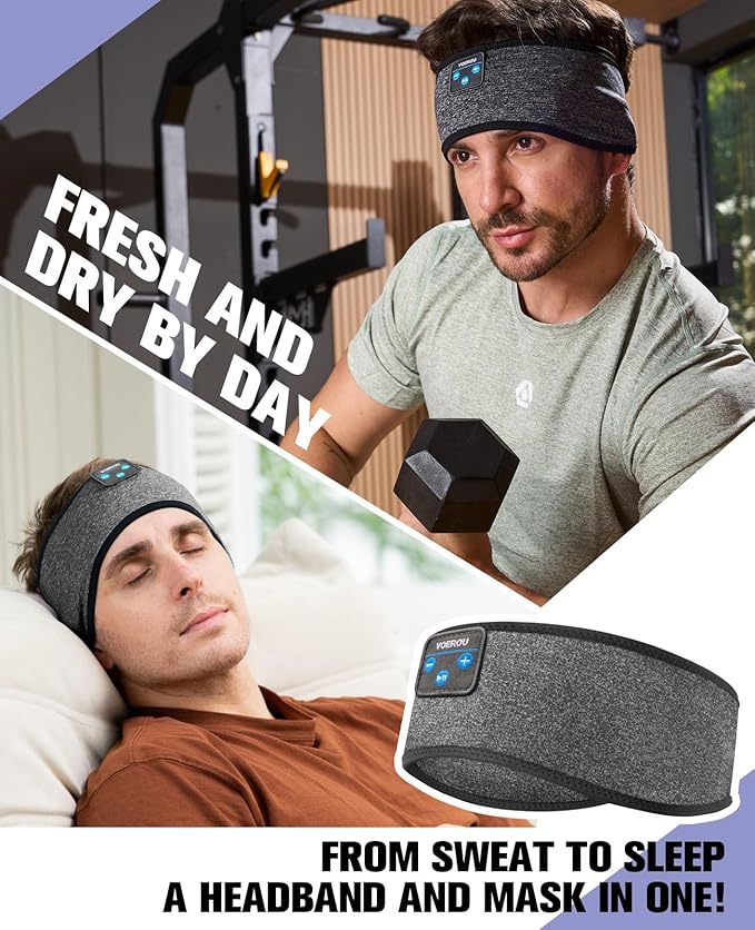 Voerou Sleep Headphones Bluetooth Headband for Women Men, Wireless Sleeping Headphones for Side Sleepers with Ultra-thin Stereo Speakers, Unique Gift for Men Sleeping Yoga Meditation Travel Office Nap