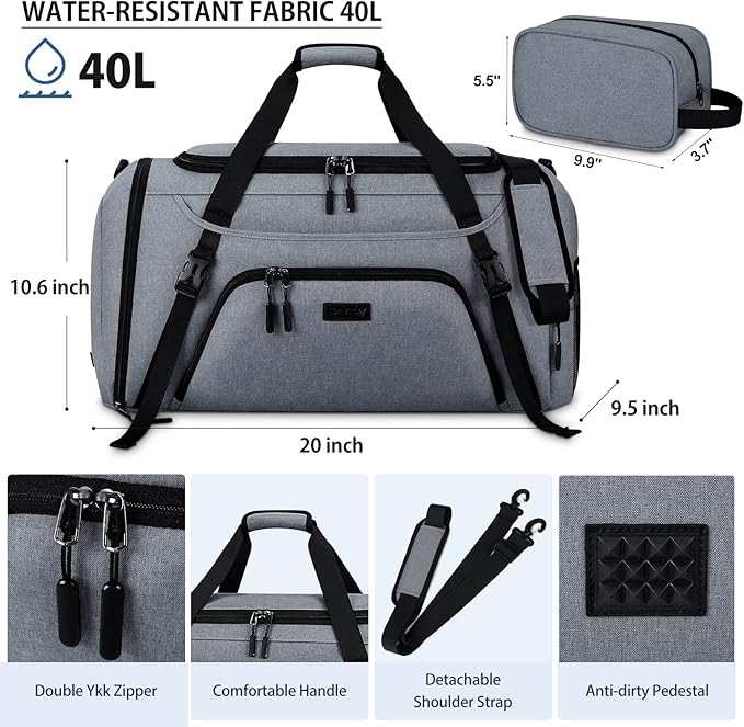 Gym Duffle Bag for Women Men 40L Waterproof Sports Bags Travel Duffel Bags with Shoe Compartment,Wet Pocket Large Weekender Overnight Bag with Toiletry Bag,Grey