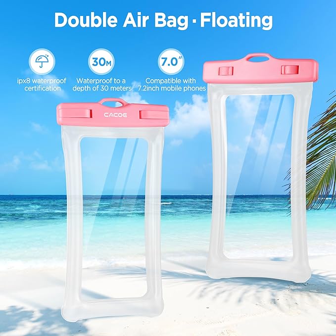 CACOE [Floatable] Floating Universal Waterproof Phone case 2 Pack-Up to 7.0",Waterproof Phone Pouch with Adjustable Neck Lanyard,IPX8 Cell Phone Dry Bags for Beach Pool Swimming（Blue+Pink）