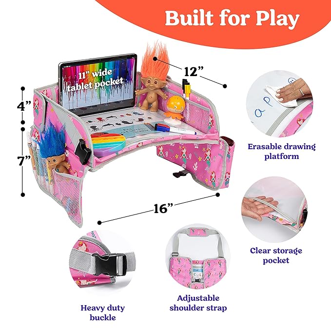 PILLANI Kids Travel Tray for Car - Car Seat Tray for Kids, Road Trip Essentials & Must Haves, Carseat Table Roadtrip Activities - Toddler Lap Desk Organizer for Airplane