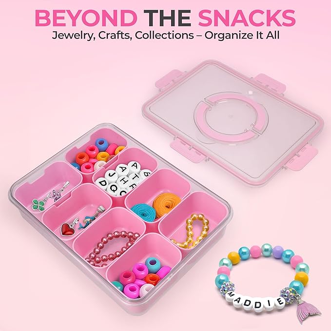 Snackle Box Container with Lid Travel Charcuterie Box with Handle Organizer for Candy, Fruit, Nuts, Veggies, Snacks, Beach Essentials, Portable Lunch Box (Pink, Large)